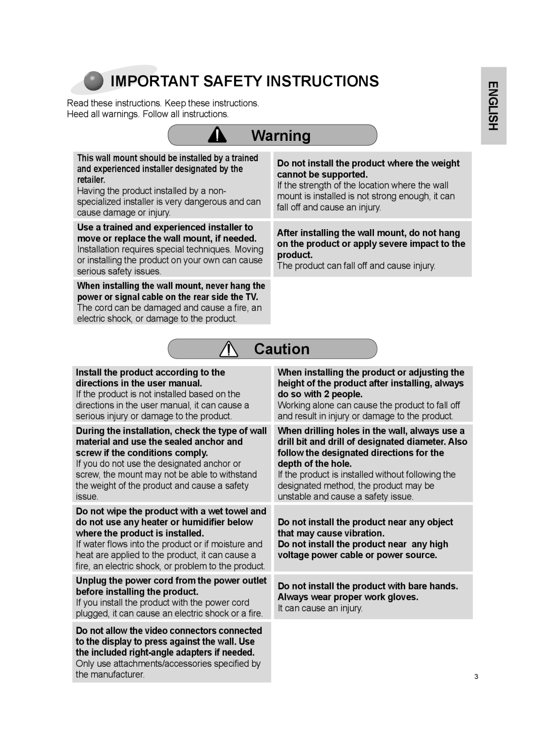 LG Electronics OSW100 install manual Important Safety Instructions, English 