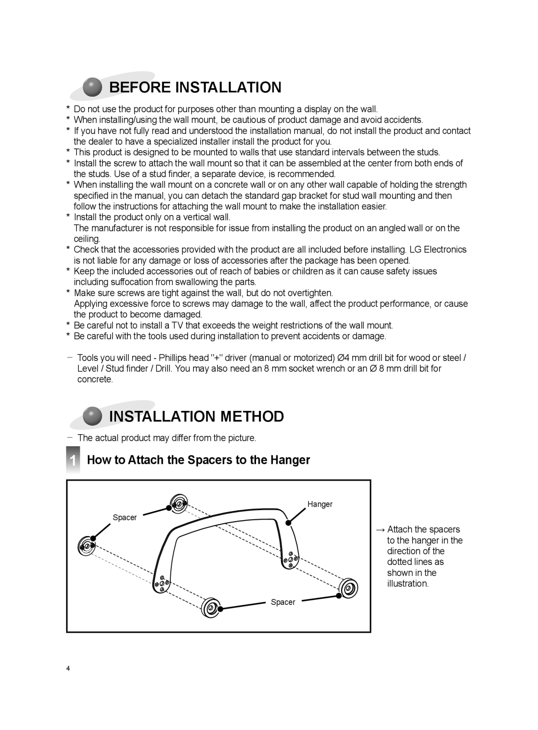 LG Electronics OSW100 install manual Before Installation, Installation Method, How to Attach the Spacers to the Hanger 