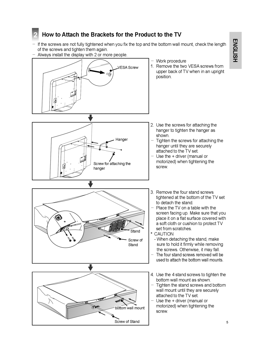 LG Electronics OSW100 install manual How to Attach the Brackets for the Product to the TV, English 