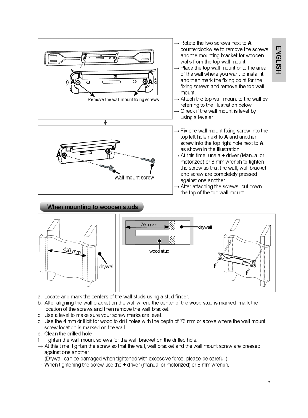 LG Electronics OSW100 When mounting to wooden studs, English, →→Check if the wall mount is level by using a leveler 
