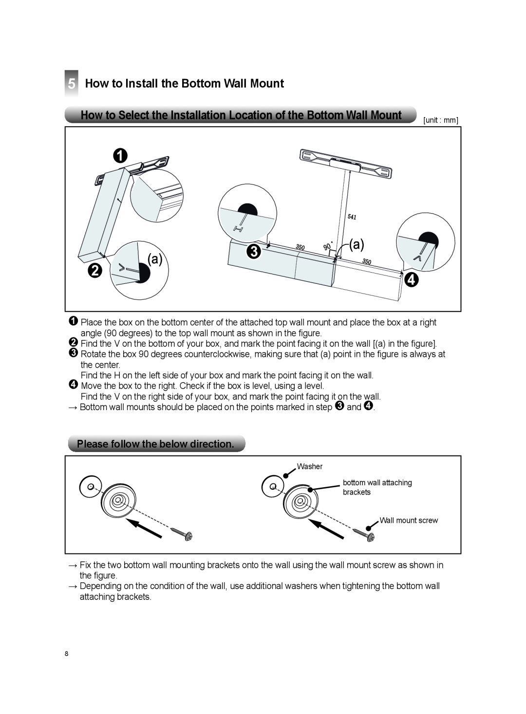 LG Electronics OSW100 How to S elect the Installation Location of the Bottom Wall Mount, Washer, Wall mount screw 