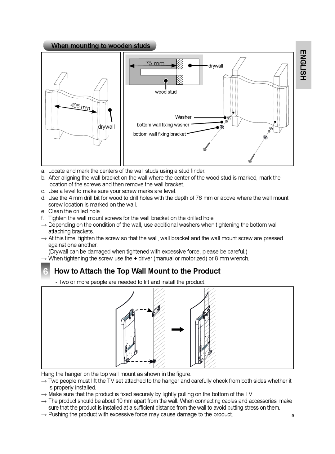 LG Electronics OSW100 How to Attach the Top Wall Mount to the Product, When mounting to wooden studs, English 