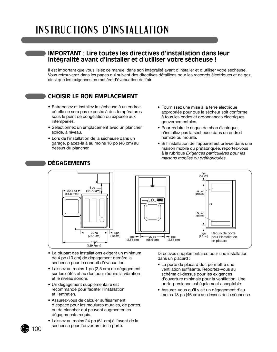 LG Electronics P154 manual CHoisir Le bon eMpLaceMent, DéGaGeMents 