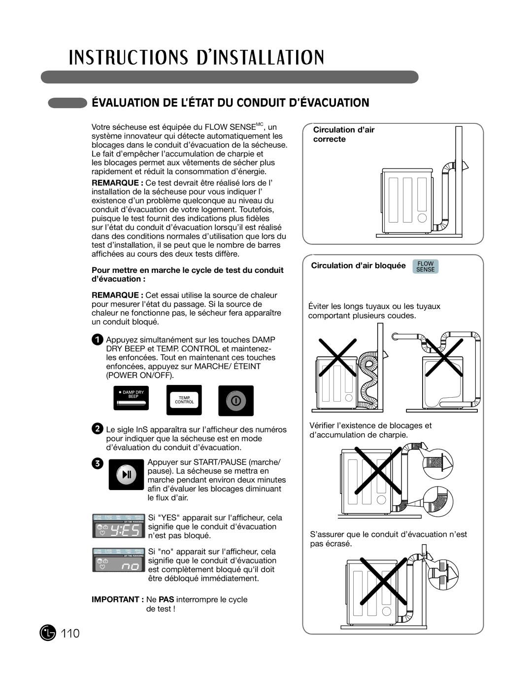 LG Electronics P154 Évaluation DE L’ÉTAT DU Conduit D’ÉVACUATION, Circulation d’air correcte Circulation d’air bloquée 