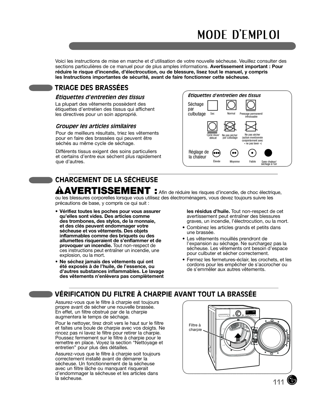 LG Electronics P154 Triage DES Brassées, Chargement de la sécheuse, Vérification DU Filtre À Charpie Avant Tout LA Brassée 