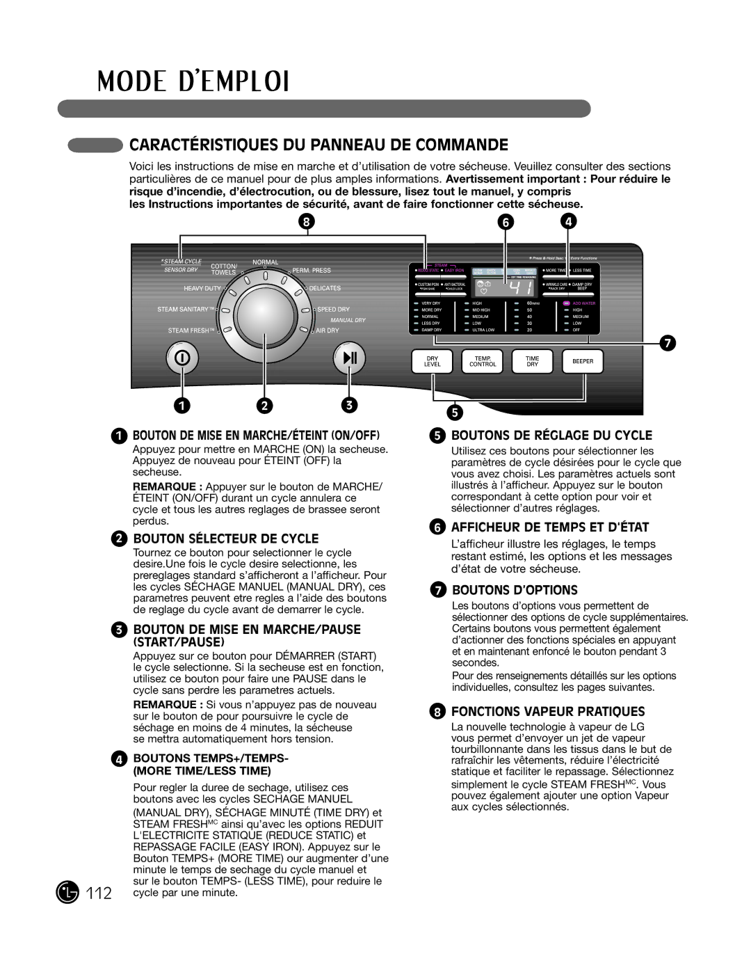 LG Electronics P154 manual CaractéristiQues du panneau de coMMande 