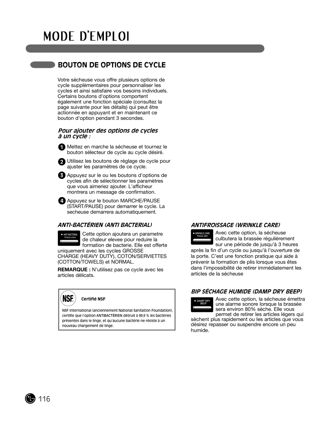 LG Electronics P154 Bouton de options de cYcLe, Pour ajouter des options de cycles Un cycle, Anti-bactérien anti bacteriaL 