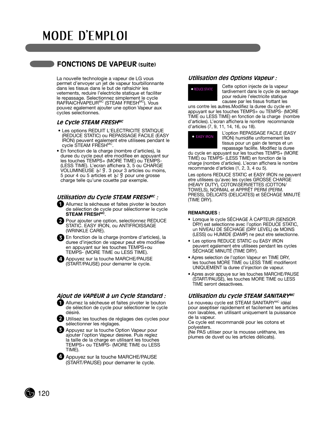 LG Electronics P154 manual Fonctions de Vapeur suite 