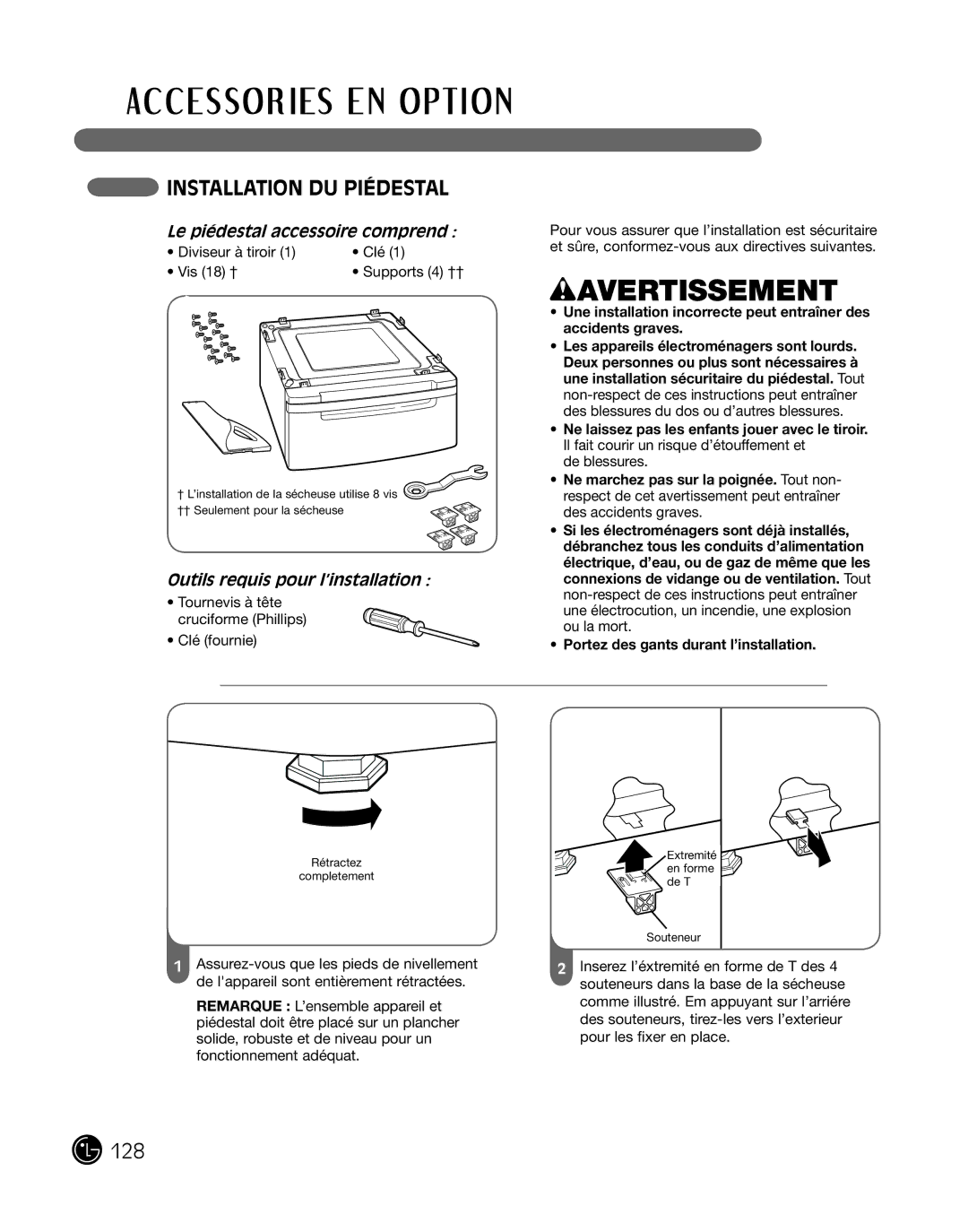 LG Electronics P154 manual InstaLLation du piédestaL, Le piédestal accessoire comprend, Outils requis pour l’installation 