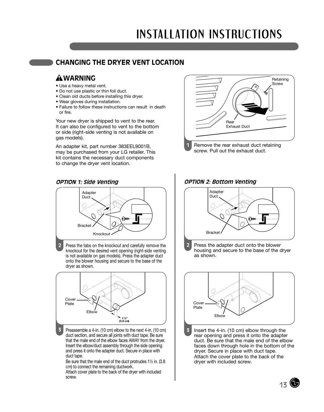 LG Electronics P154 manual Changing the Dryer Vent Location, Option 1 Side Venting, Option 2 Bottom Venting 