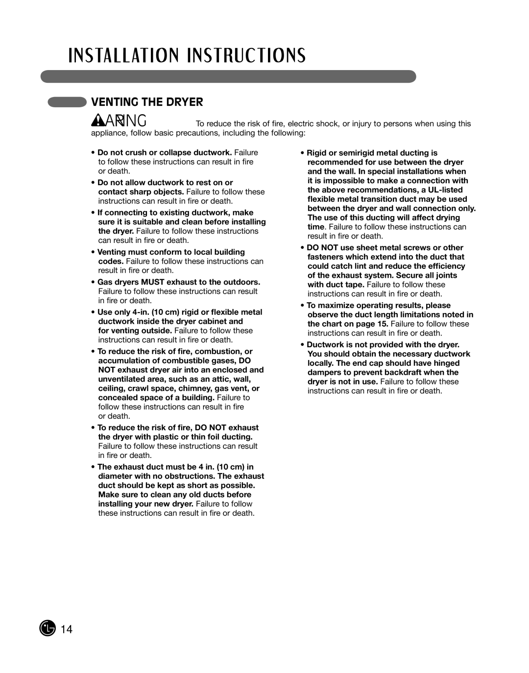 LG Electronics P154 manual VENTING the Dryer 