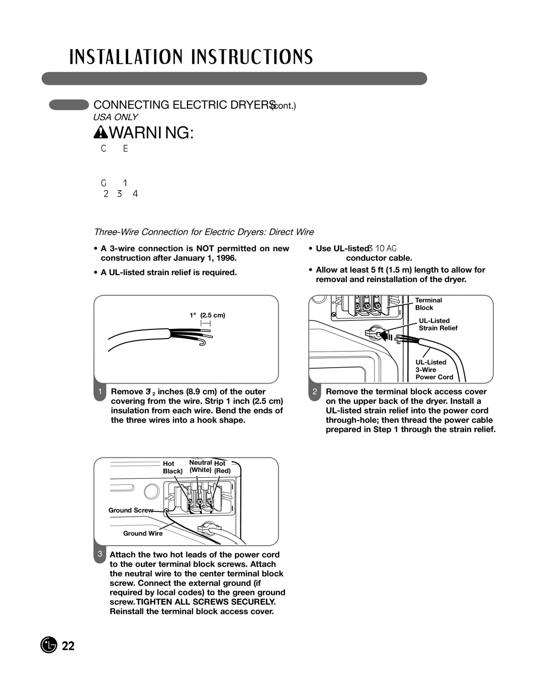 LG Electronics P154 manual Three-Wire Connection for Electric Dryers Direct Wire 