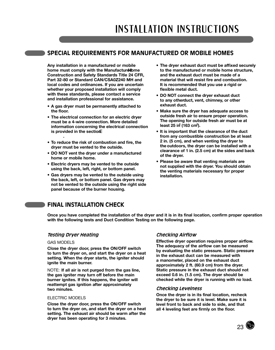 LG Electronics P154 Special Requirements for Manufactured or Mobile Homes, Final Installation Check, Testing Dryer Heating 