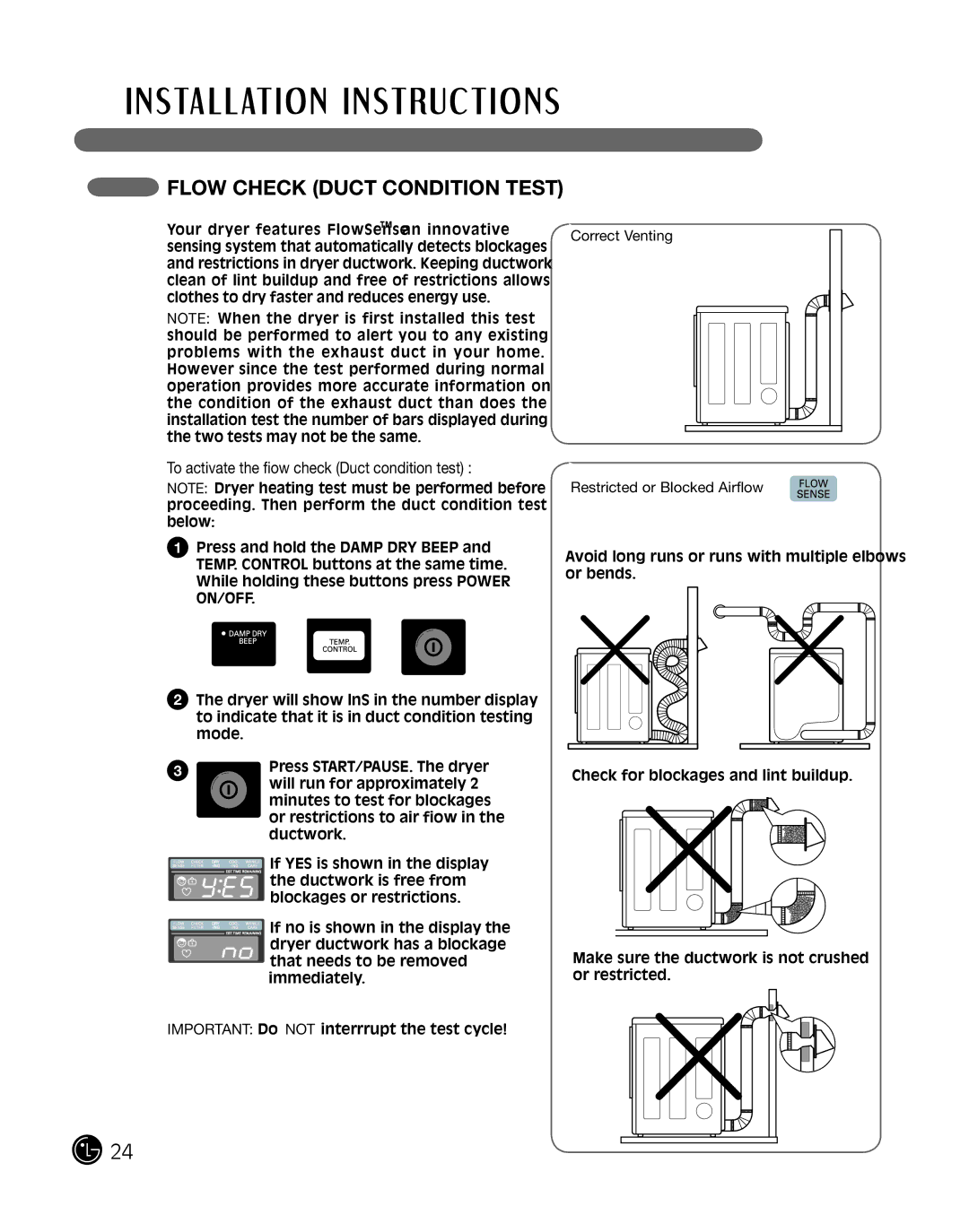 LG Electronics P154 manual To activate the ﬂow check Duct condition test, Correct Venting Restricted or Blocked Airflow 