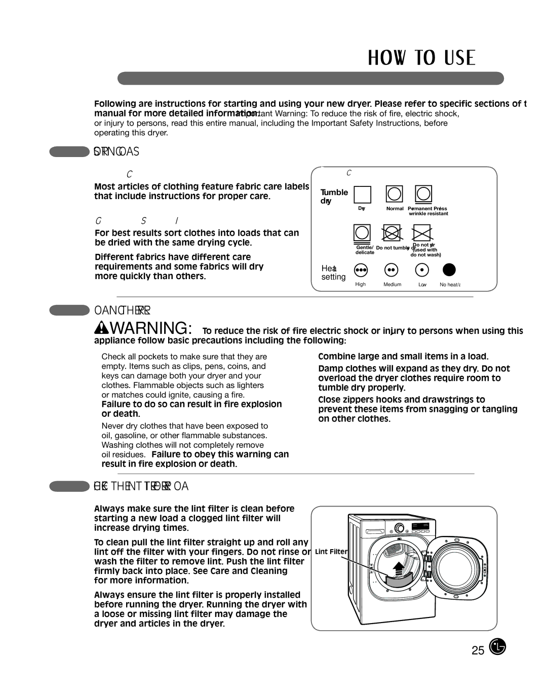 LG Electronics P154 manual Sorting Loads, Loading the Dryer, Check the Lint Filter Before Every Load, Fabric Care Labels 