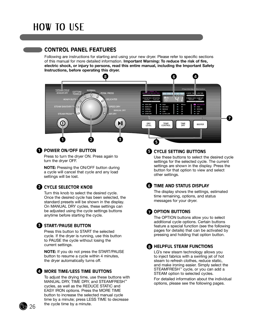 LG Electronics P154 manual Control Panel Features, Cycle Setting Buttons 