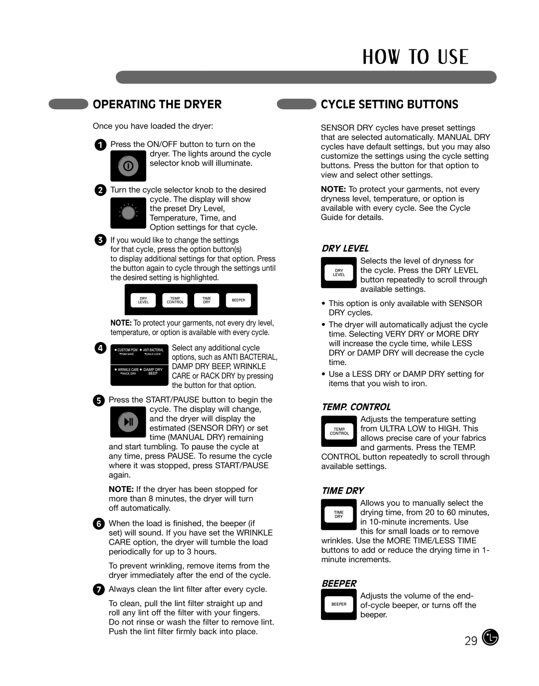 LG Electronics P154 manual Operating the Dryer, Cycle Setting Buttons 