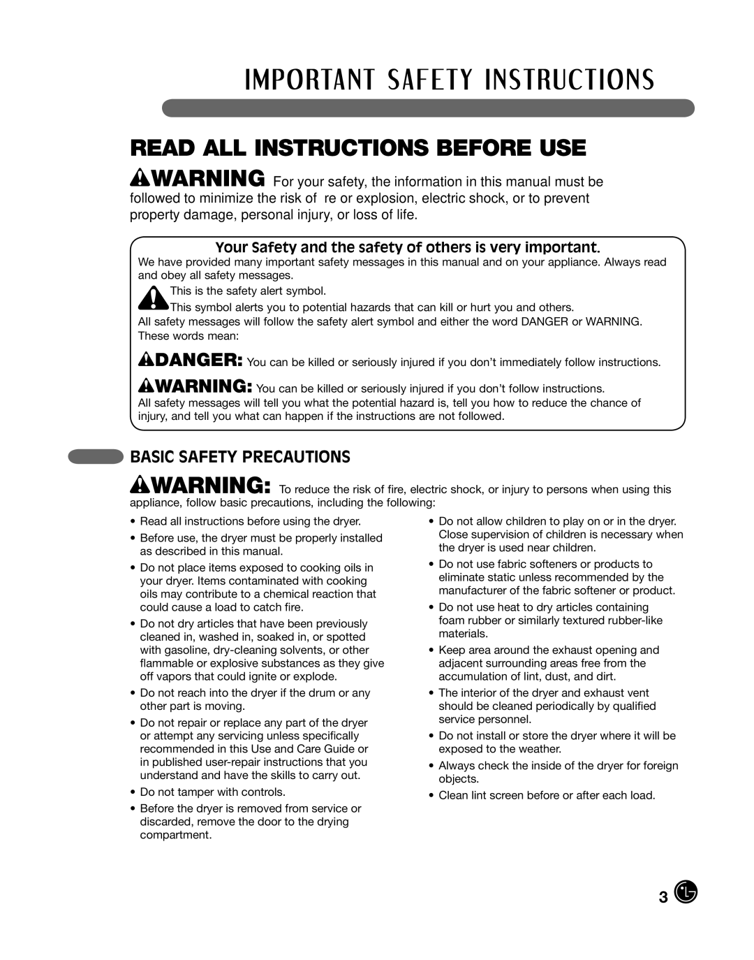 LG Electronics P154 manual Read ALL Instructions Before USE, Basic Safety Precautions 