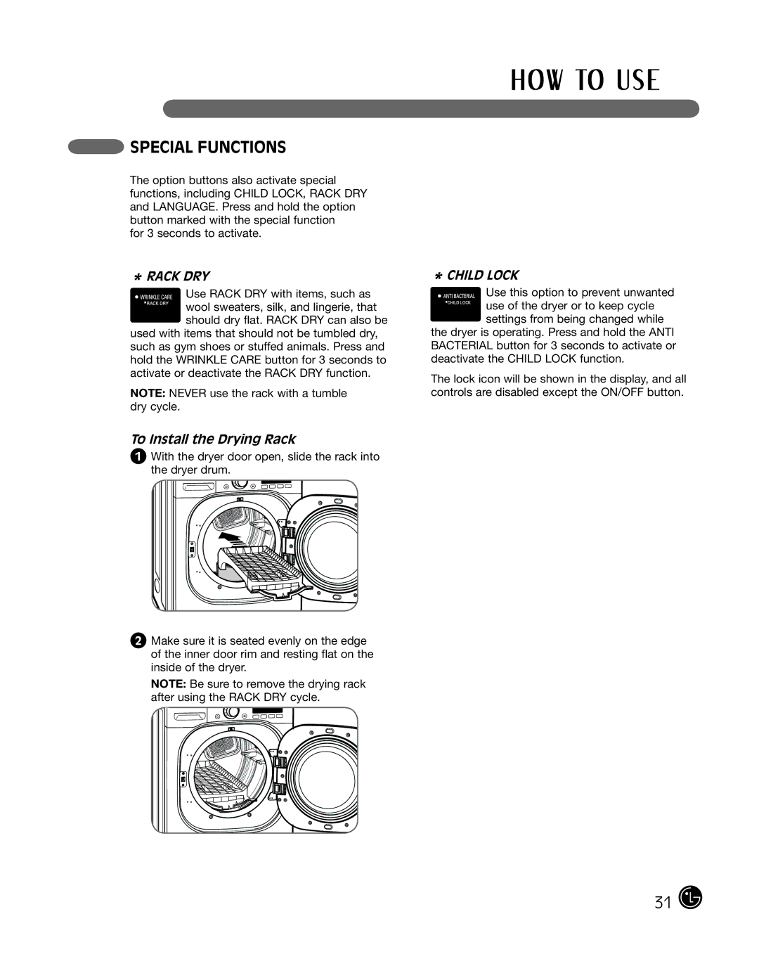 LG Electronics P154 manual Special Functions, To Install the Drying Rack 