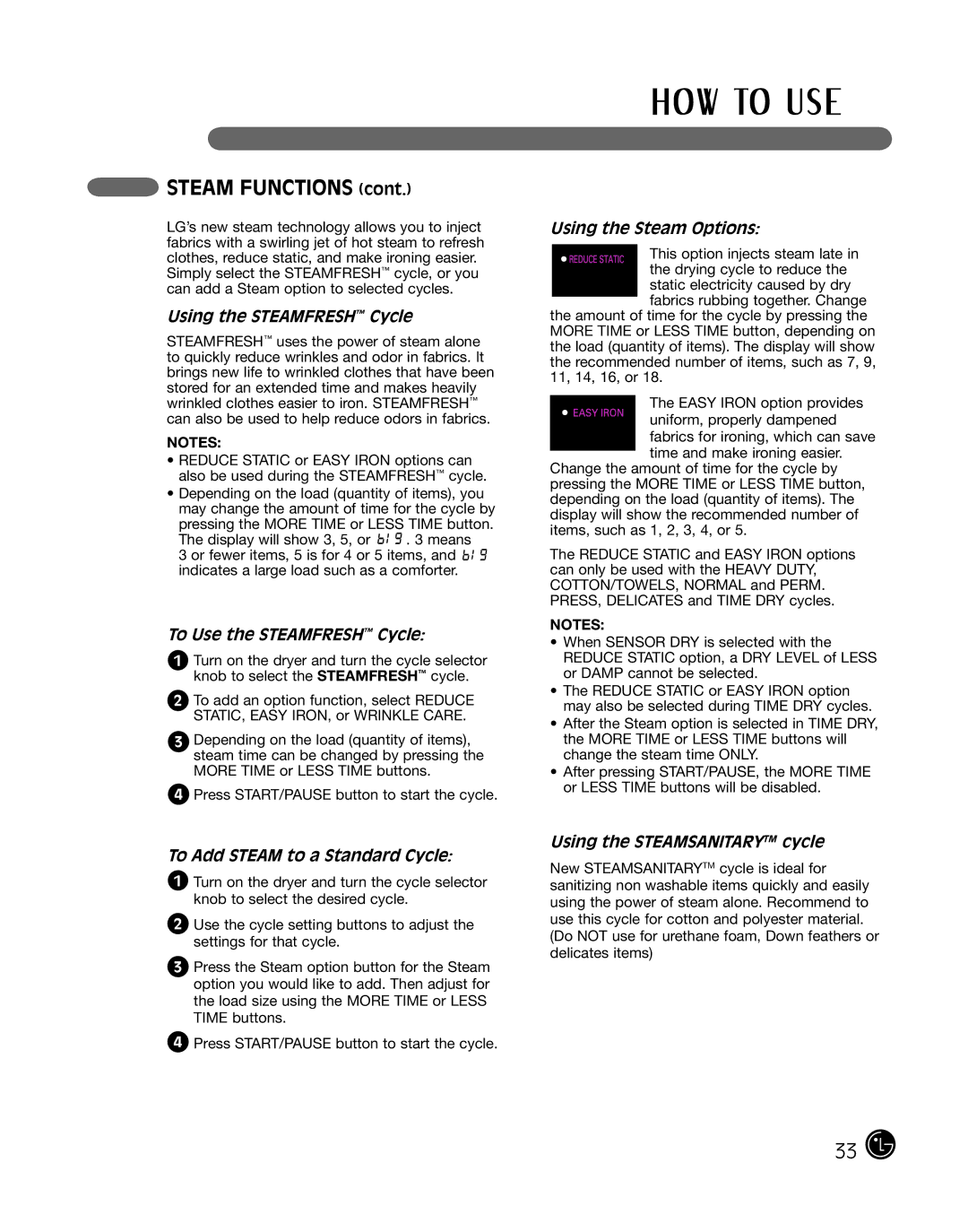 LG Electronics P154 manual Steam Functions 