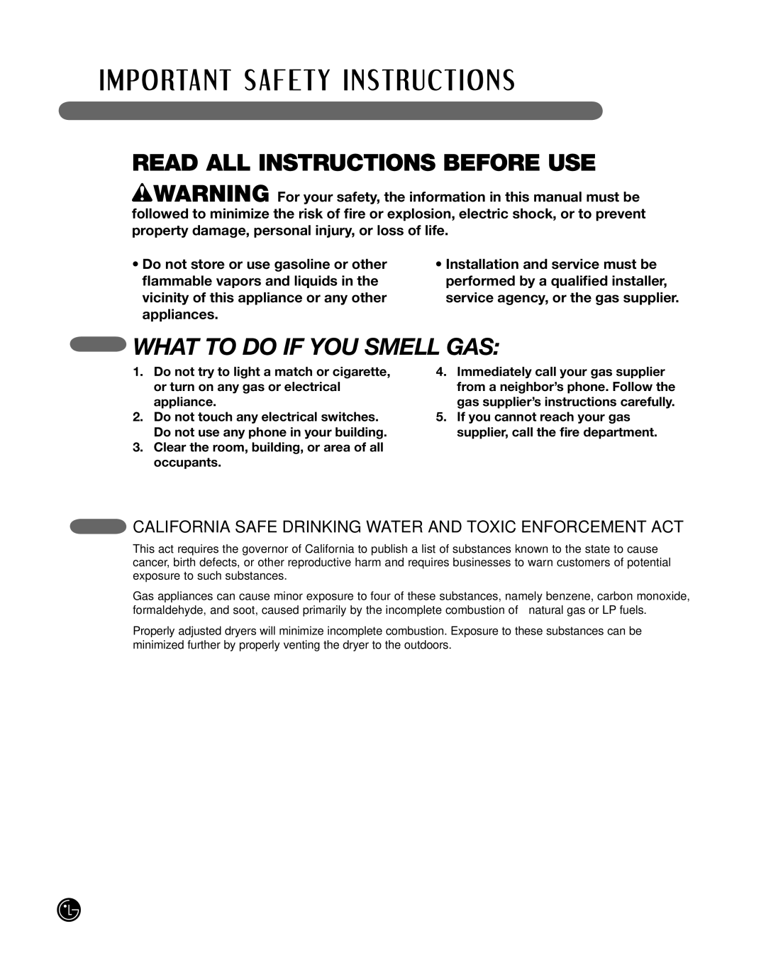 LG Electronics P154 manual What to do if YOU Smell GAS, California Safe Drinking Water and Toxic Enforcement ACT 