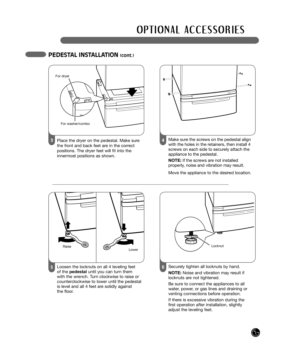 LG Electronics P154 manual Pedestal Installation 