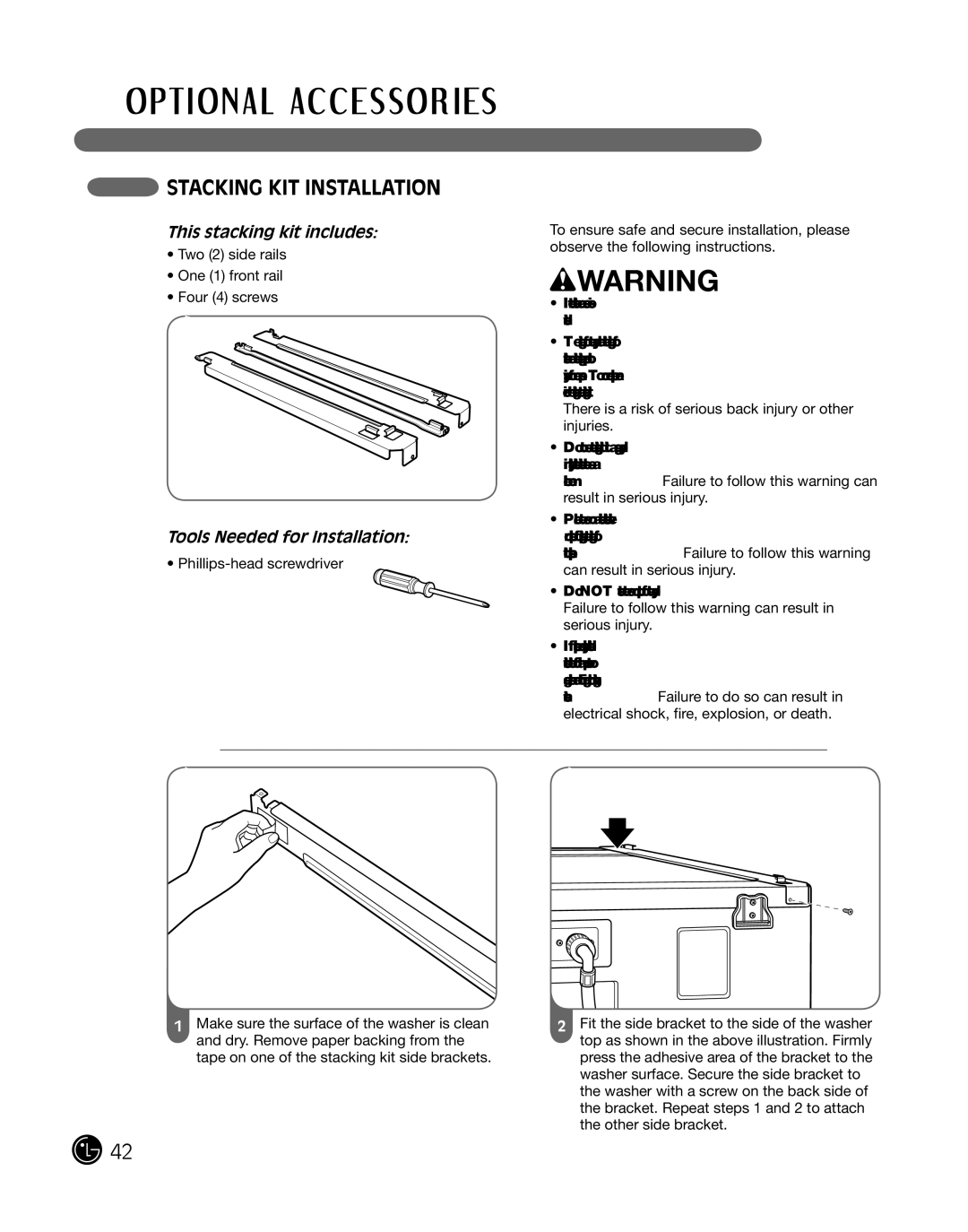 LG Electronics P154 manual Stacking KIT Installation, This stacking kit includes 