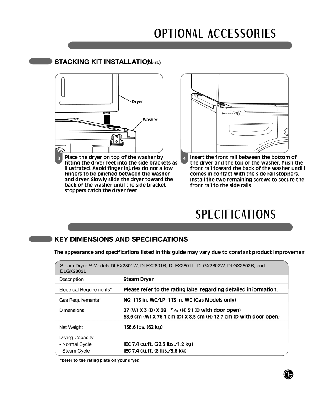 LG Electronics P154 manual Stacking KIT Installation, KEY Dimensions and Specifications 