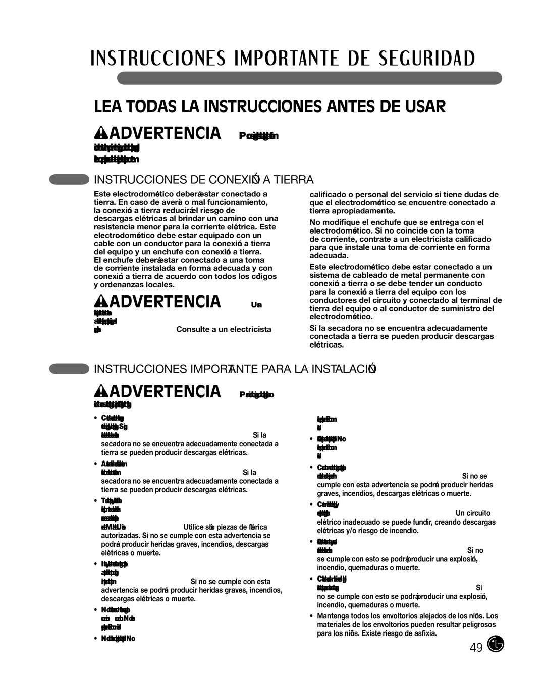 LG Electronics P154 manual Instrucciones DE Conexión a Tierra, Instrucciones importante para la instalación 