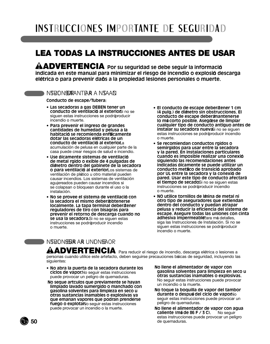 LG Electronics P154 manual InSTruccioneS de Seguridad Para FuncioneS de vaPor 