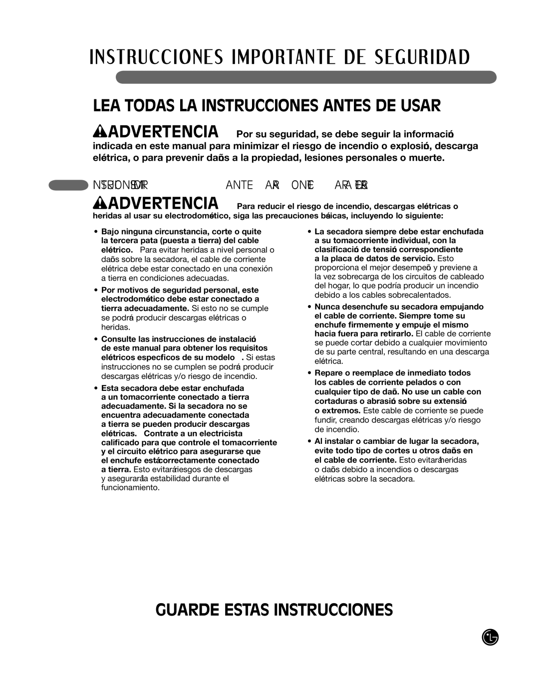 LG Electronics P154 manual Guarde Estas Instrucciones, Instrucciones importante para Conectar LA Electricidad 