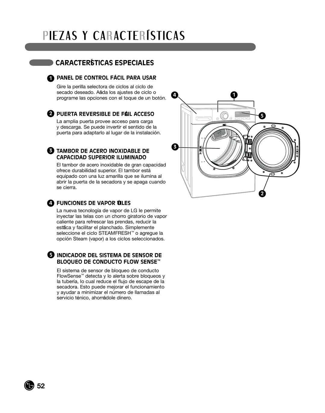 LG Electronics P154 manual CaracTerÍSTicaS eSPecialeS, Panel de conTrol Fácil Para uSar, PuerTa reverSible de Fácil acceSo 