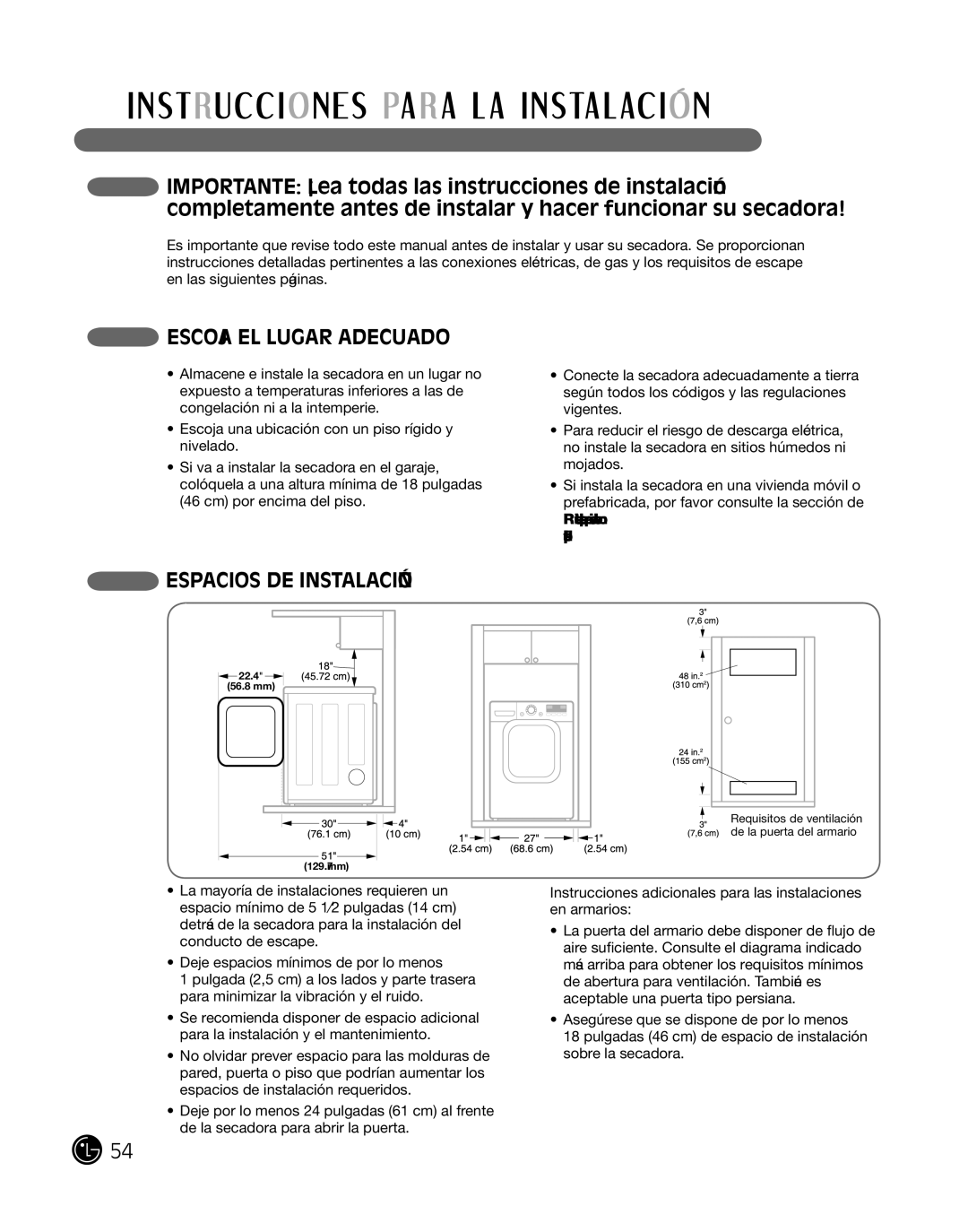 LG Electronics P154 manual EScoJa el lugar adecuado, ESPacioS de inSTalaciÓn 