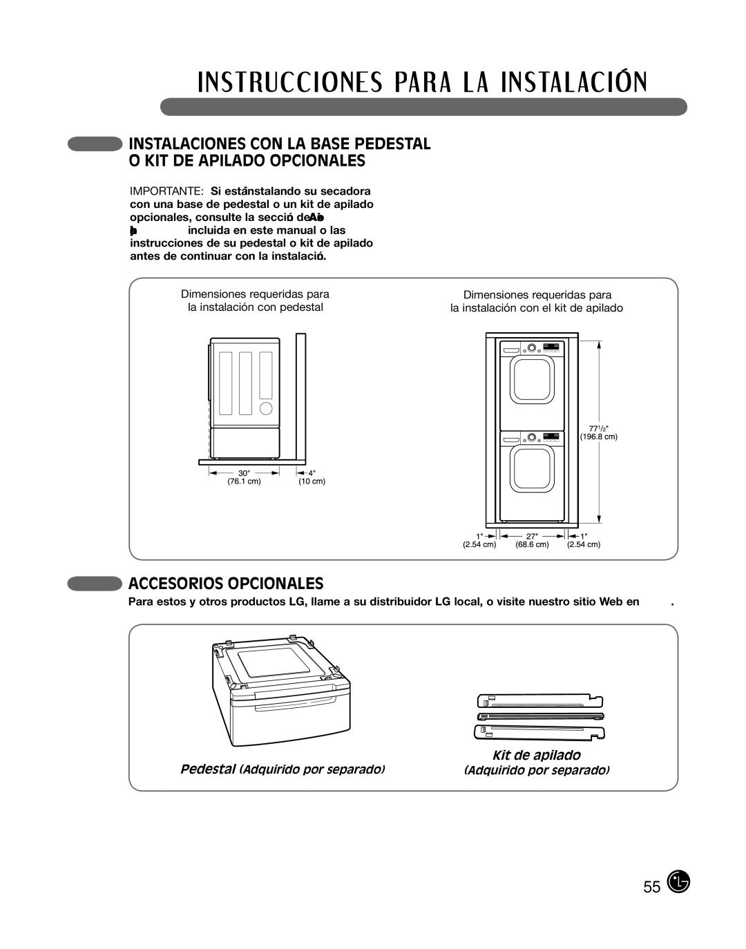 LG Electronics P154 manual KIT DE Apilado Opcionales, Accesorios Opcionales, Kit de apilado 