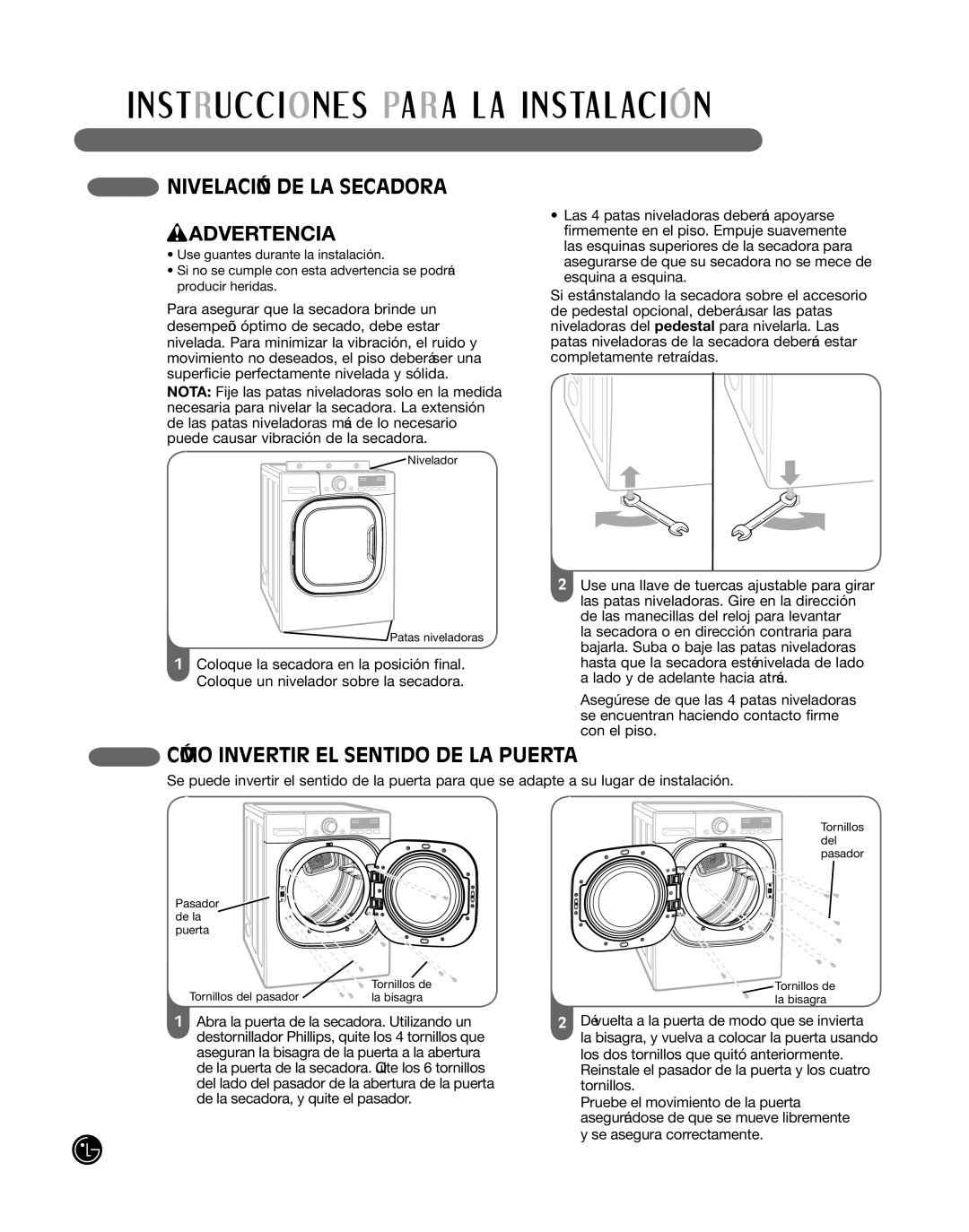 LG Electronics P154 manual NivelaciÓn de la Secadora WADVERTENCIA, CÓmo inverTir el SenTido de la PuerTa 