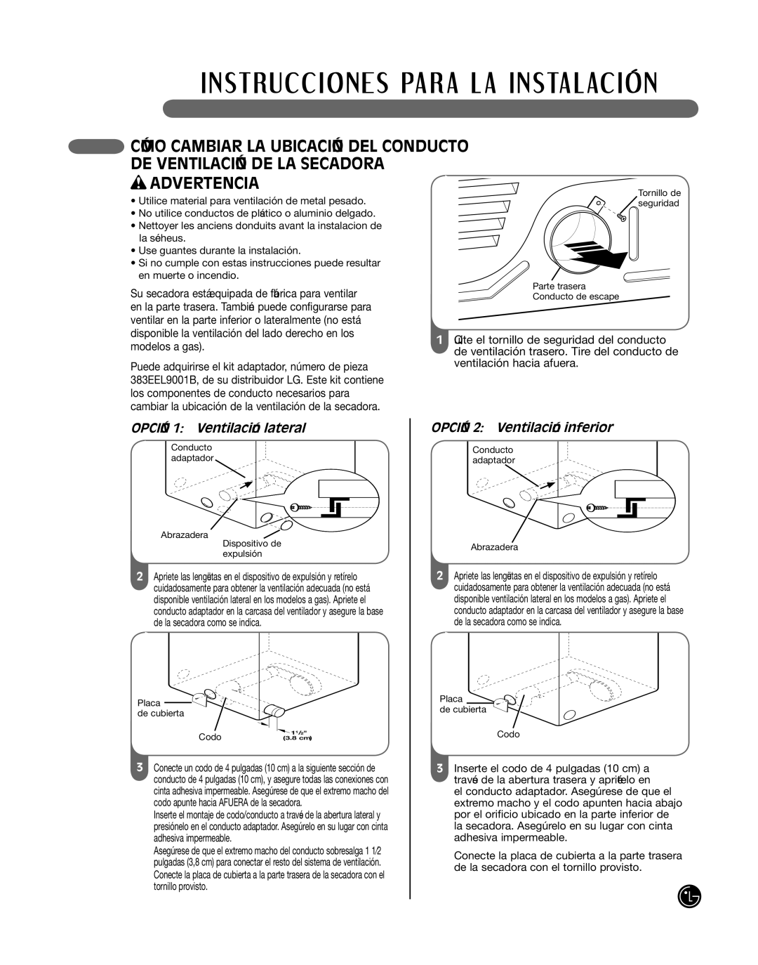 LG Electronics P154 manual Opción 1 Ventilación lateral, Opción 2 Ventilación inferior 