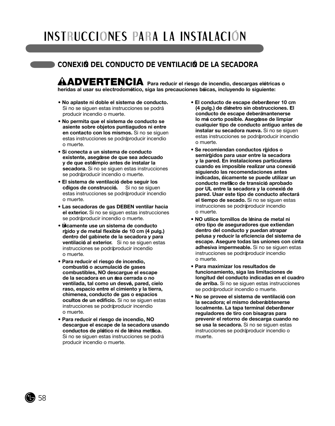 LG Electronics P154 manual ConeXiÓn del conducTo de venTilaciÓn de la Secadora 