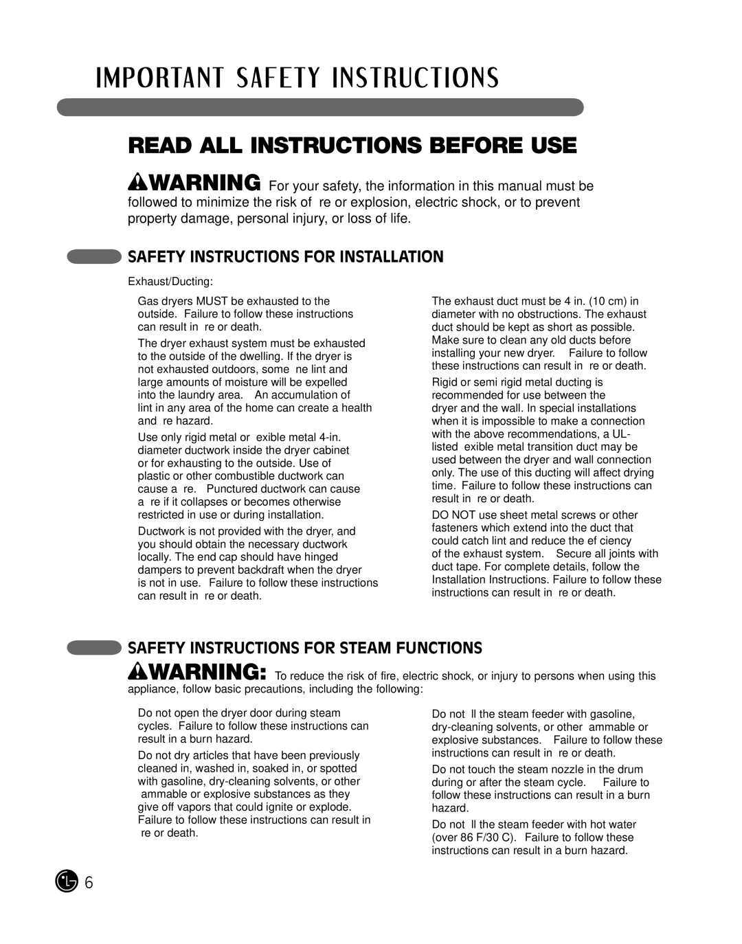 LG Electronics P154 manual Safety Instructions for Steam Functions 