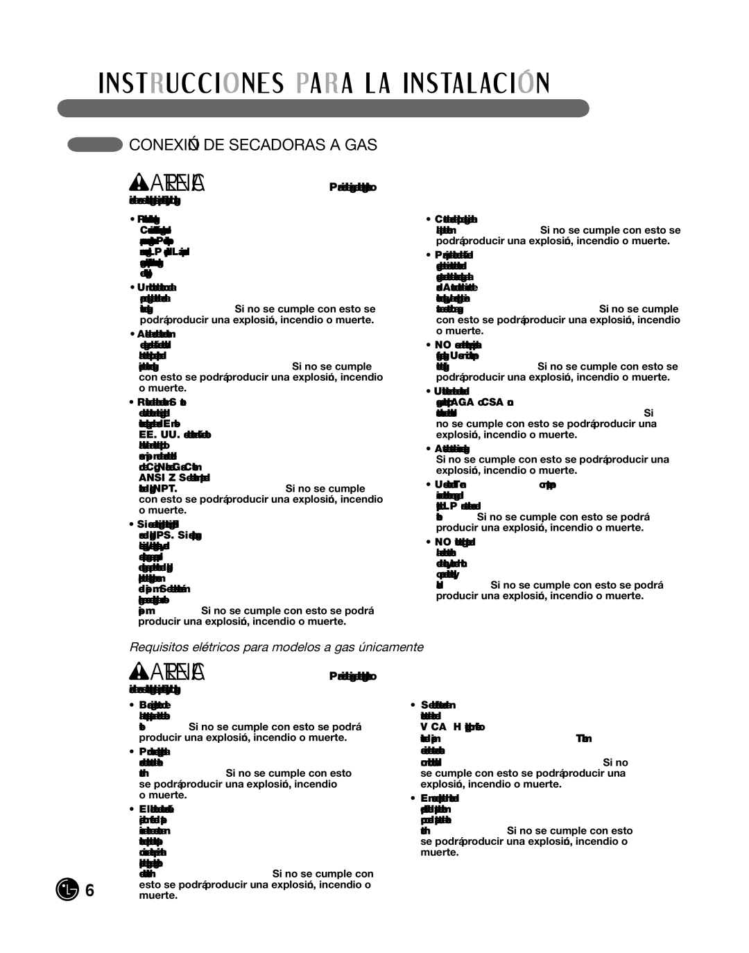 LG Electronics P154 manual ConeXiÓn de SecadoraS a gaS, Requisitos eléctricos para modelos a gas únicamente 