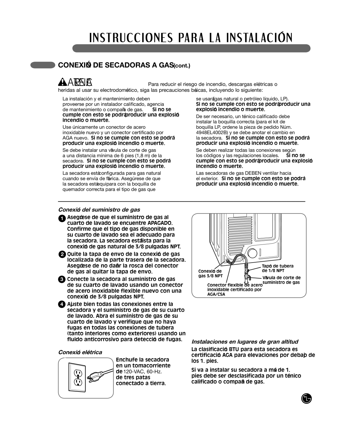 LG Electronics P154 manual Conexión del suministro de gas, Conexión eléctrica, Instalaciones en lugares de gran altitud 