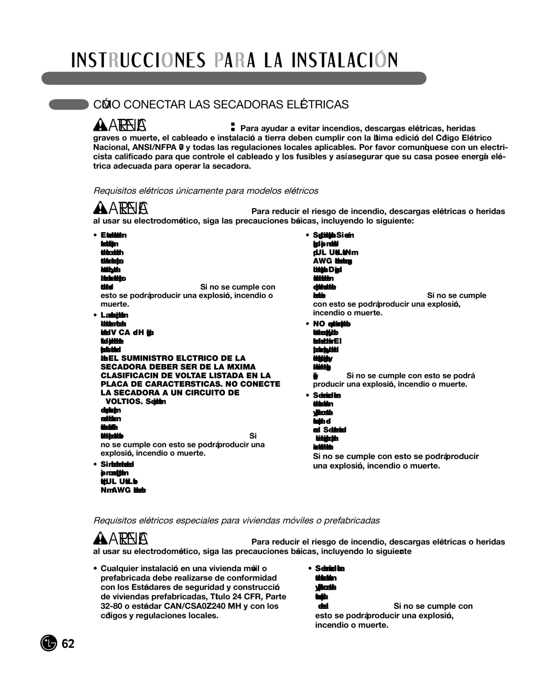 LG Electronics P154 manual CÓmo conecTar laS SecadoraS elÉcTricaS, Requisitos eléctricos únicamente para modelos eléctricos 