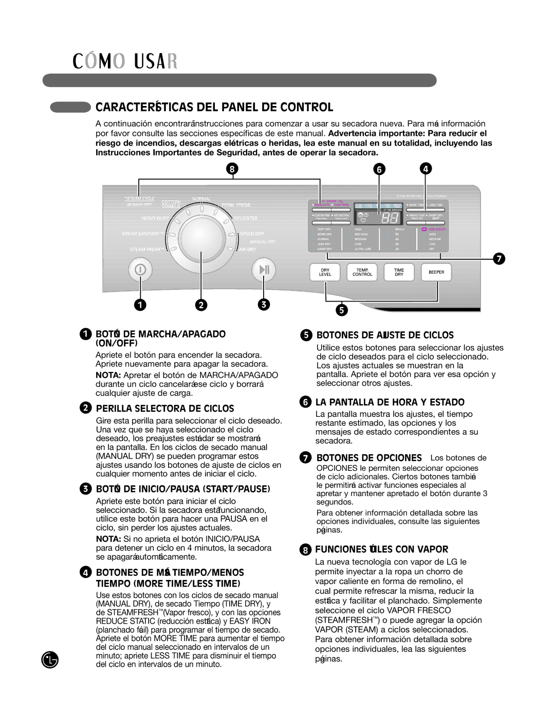 LG Electronics P154 manual Características DEL Panel DE Control, Botones DE Opciones Los botones de 