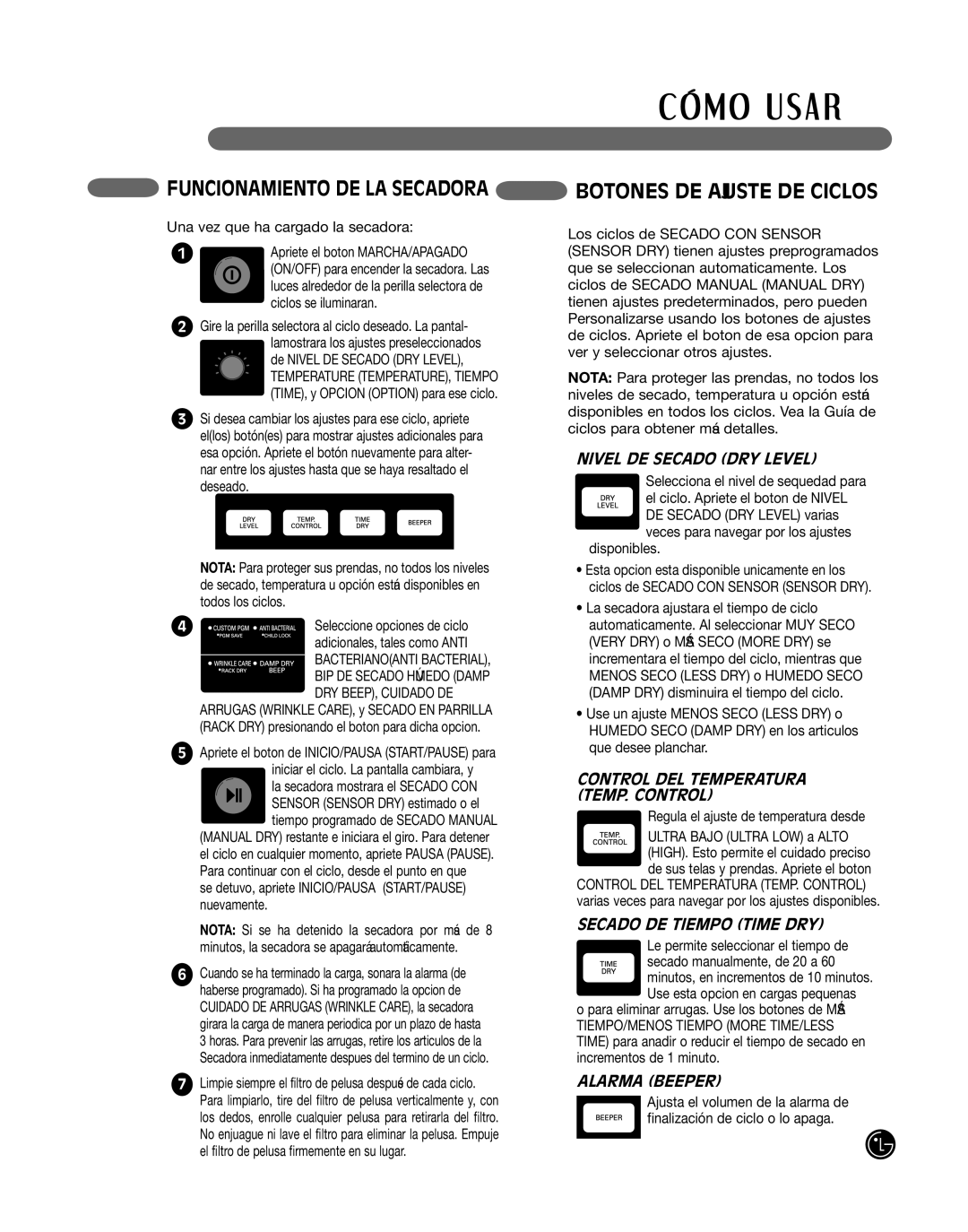 LG Electronics P154 manual Funcionamiento de LA Secadora Botones DE Ajuste DE Ciclos 