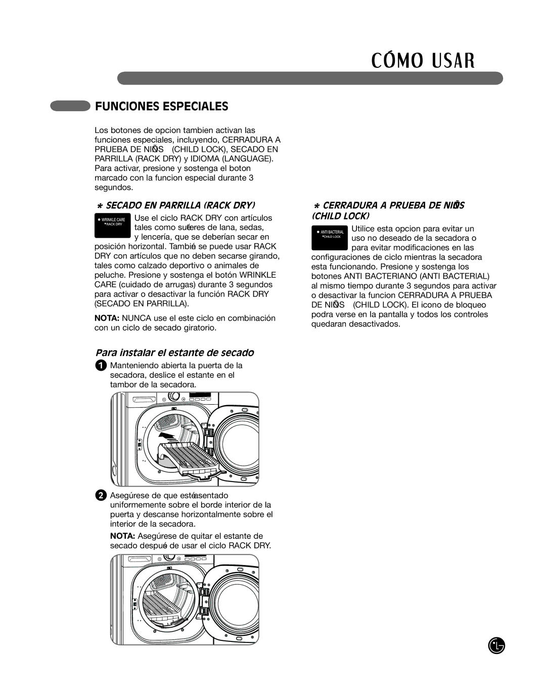 LG Electronics P154 manual Funciones Especiales, Para instalar el estante de secado, Cerradura a Prueba DE NIñOS 