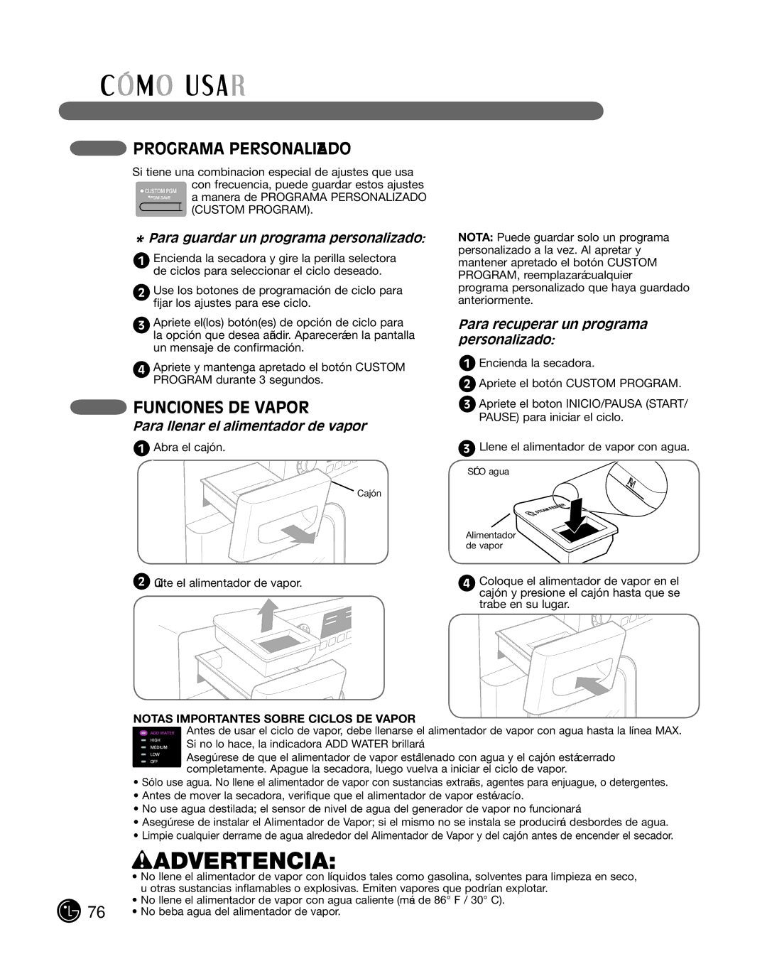 LG Electronics P154 manual Programa PerSonaliZado, FuncioneS de vaPor, Para guardar un programa personalizado 