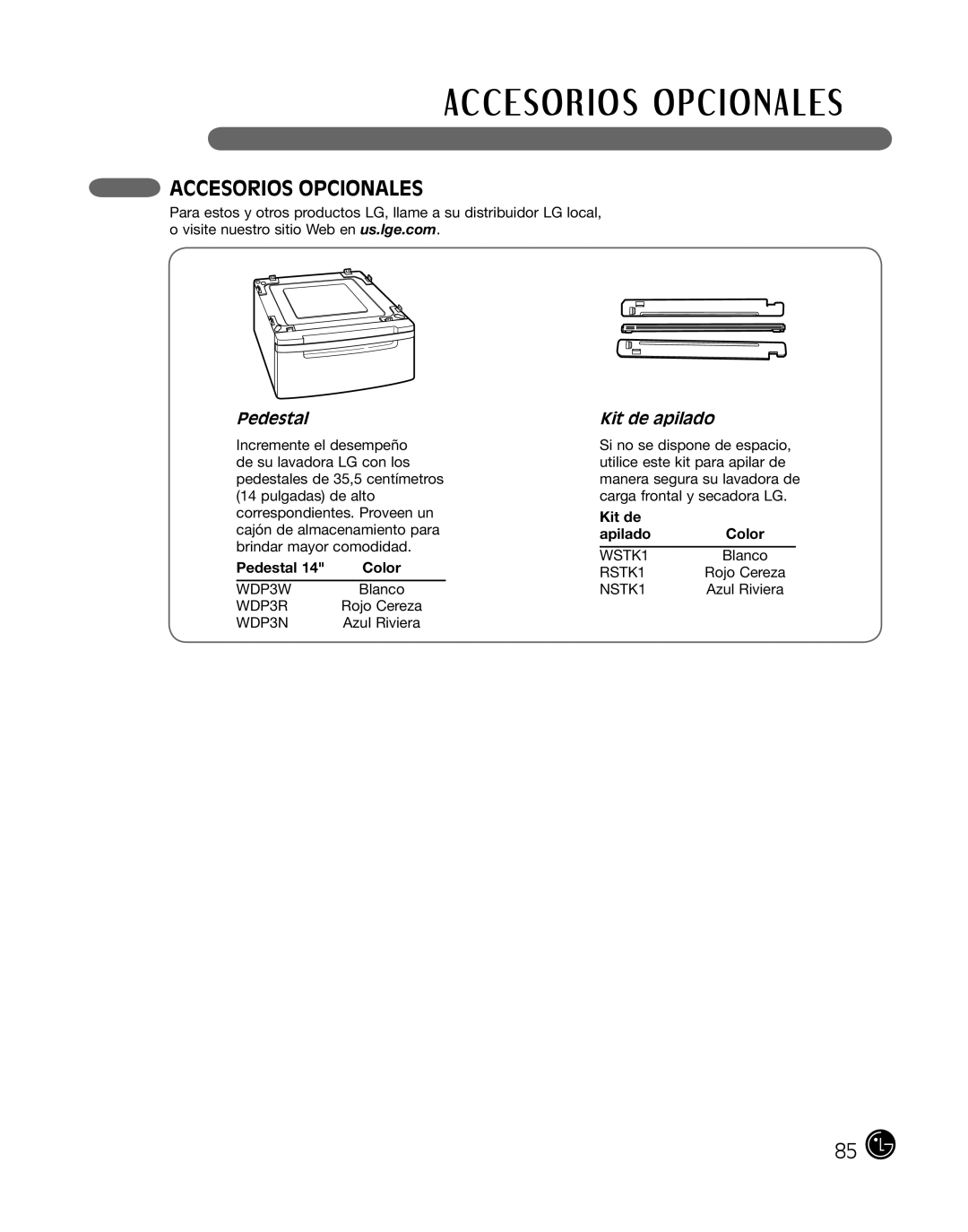 LG Electronics P154 manual Accesorios Opcionales, Kit de Apilado Color 