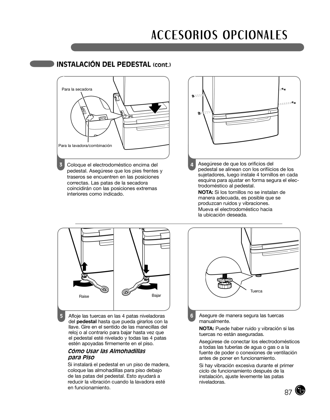 LG Electronics P154 manual Cómo Usar las Almohadillas, Para Piso 