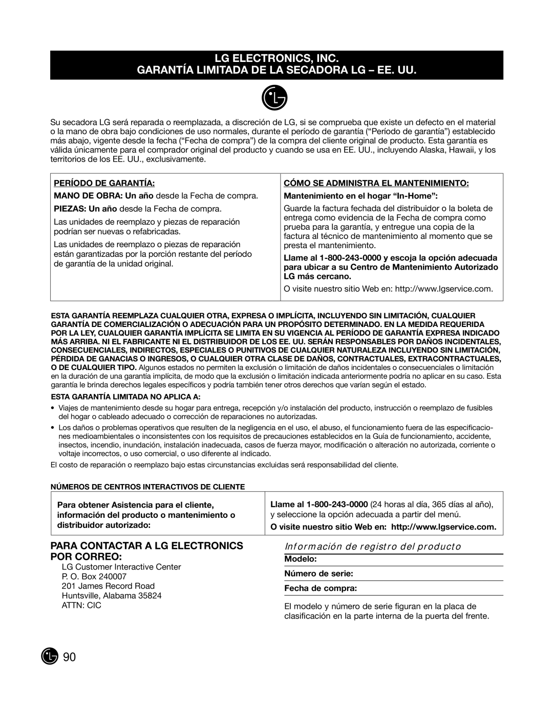 LG Electronics P154 manual Información de registro del producto, Período DE Garantía Cómo SE Administra EL Mantenimiento 