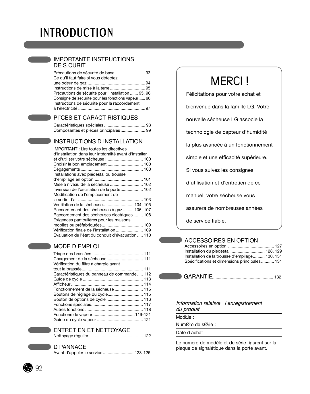 LG Electronics P154 manual Information relative à l’enregistrement du produit, Modèle Numéro de série Date d’achat 