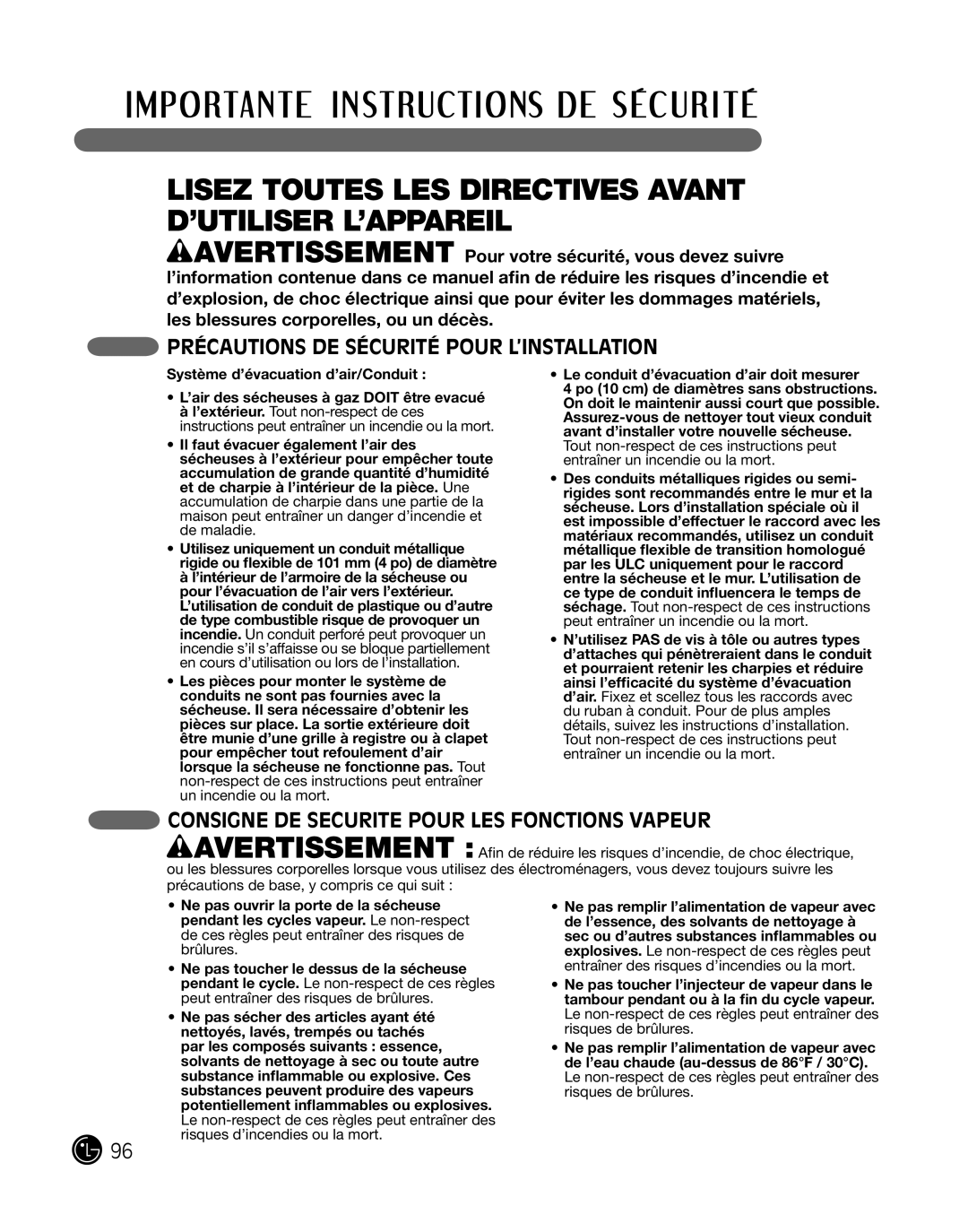 LG Electronics P154 manual ConsiGne de securite pour Les Fonctions Vapeur 